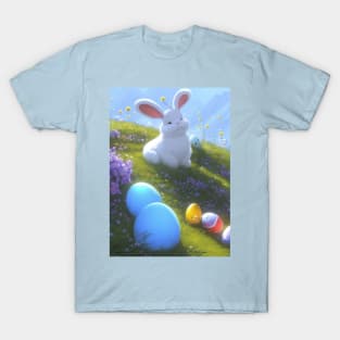 Fluffy Easterbunny with eggs on a hill T-Shirt